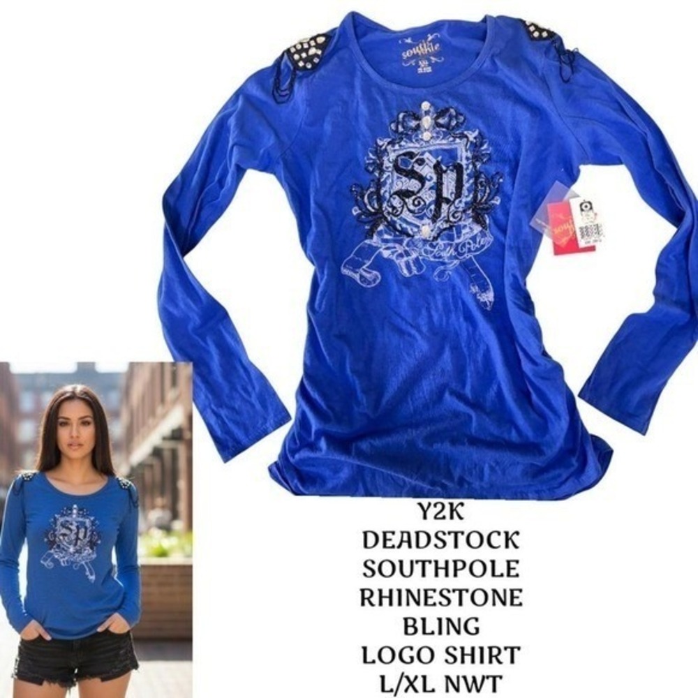 Y2K DEADSTOCK VTG. SOUTHPOLE BLINGED OUT RHINESTONE BRIGHT BLUE TOP NWT L/XL